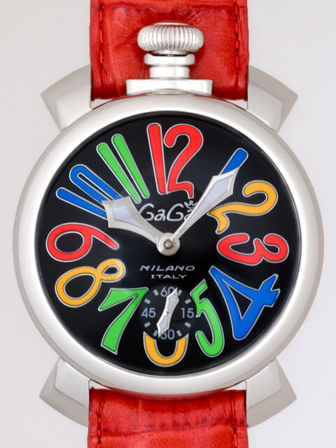ガガ･ミラノスーパーコピー GAGAMILANO マニュアル　48mm　手巻き z5010.2 レッド皮 ブラック/マルチカラーアラビア